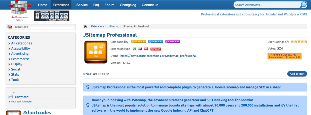 JSitemap Joomla 用の最も人気のあるサイトマップ ジェネレーター