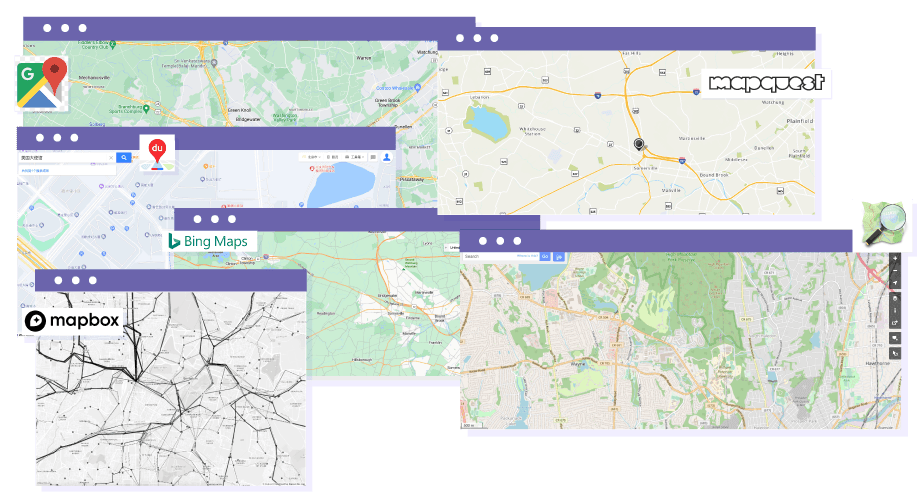 Google Maps, Bing Maps, Mapbox, OpenStreetMap i Baidu Maps