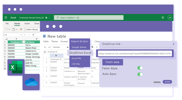 Importera Excel-ark som tabelldata eller importera innehåll med stil