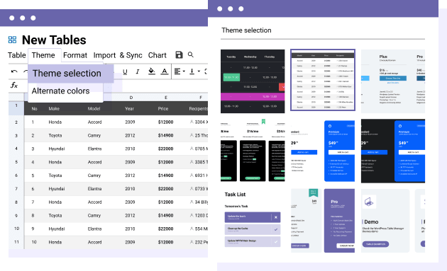 तालिका योजना और डेटा सूची थीम