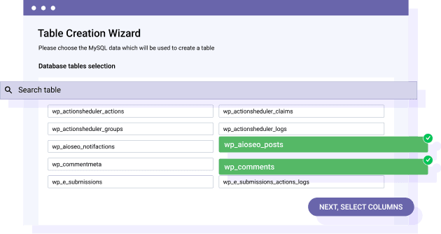 حدد وابحث في عمود واحد أو عدة أعمدة لقاعدة البيانات