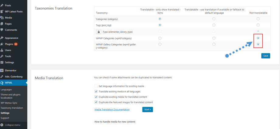 configurações wpml