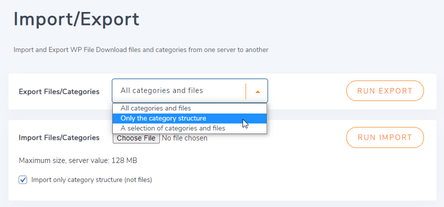 categorie di file di esportazione