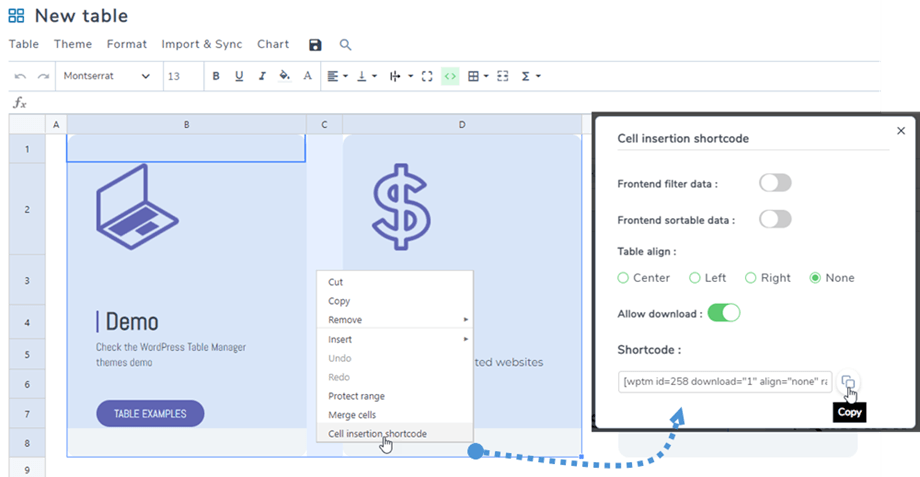 cell-insert-shortcode