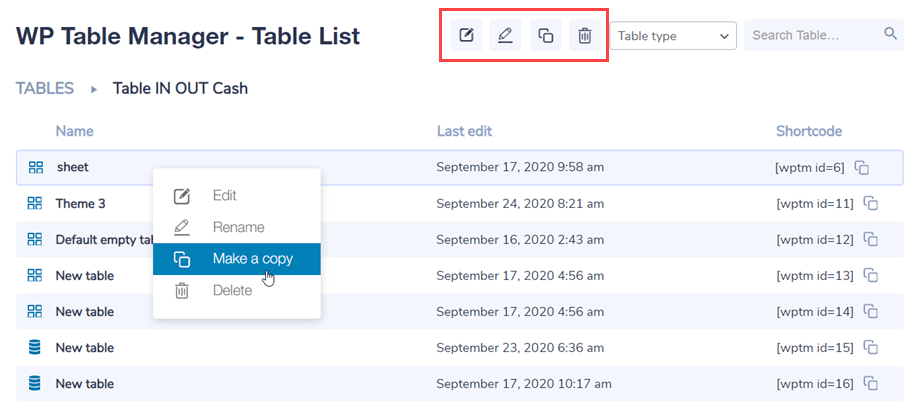 boutons modifier-copier-table