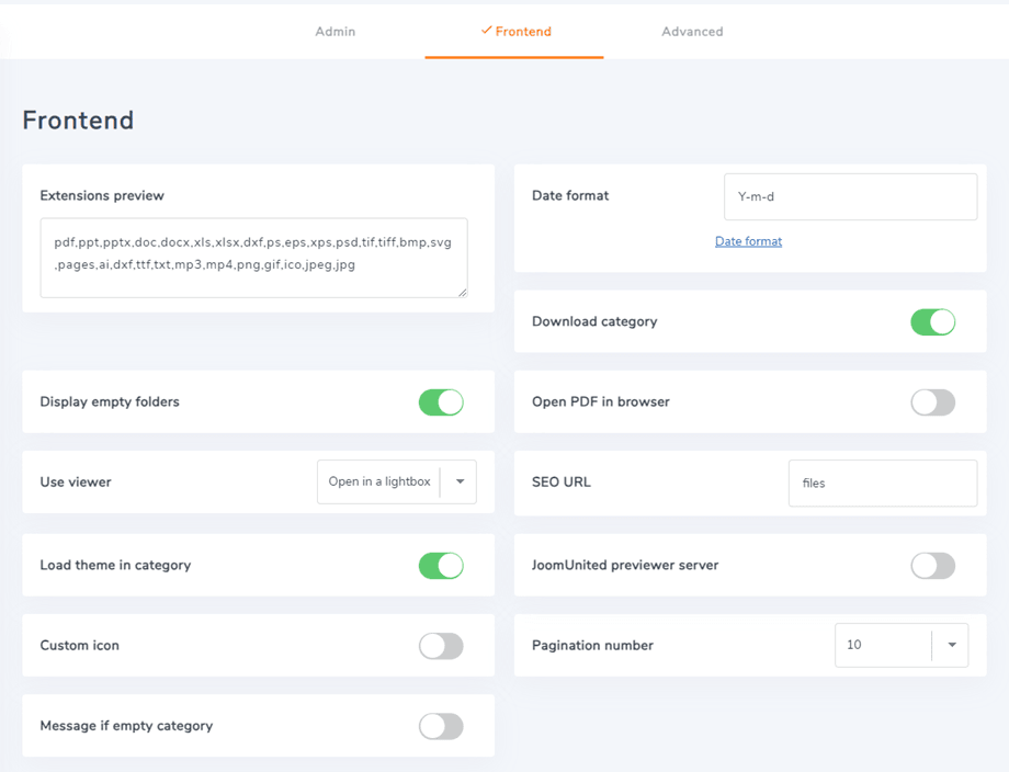 Einstellungen-Frontend-Registerkarte