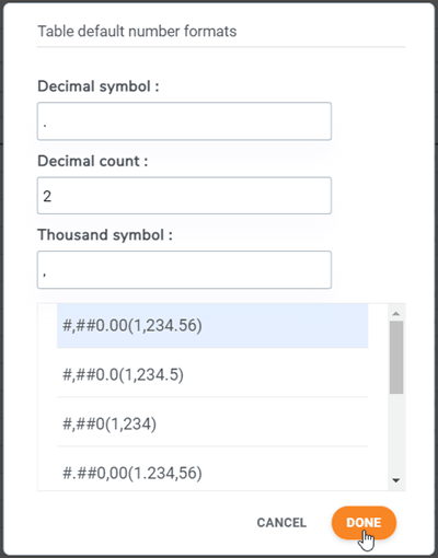 opção de número decimal