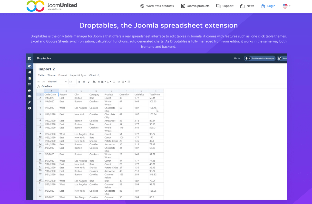 Droptables Joomla Spreadsheet-extensie