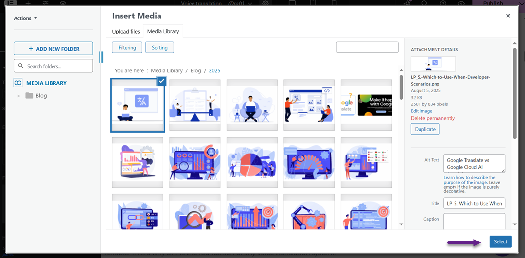 Clique em Selecionar - Como adicionar imagens em destaque ou miniaturas de postagens no WordPress