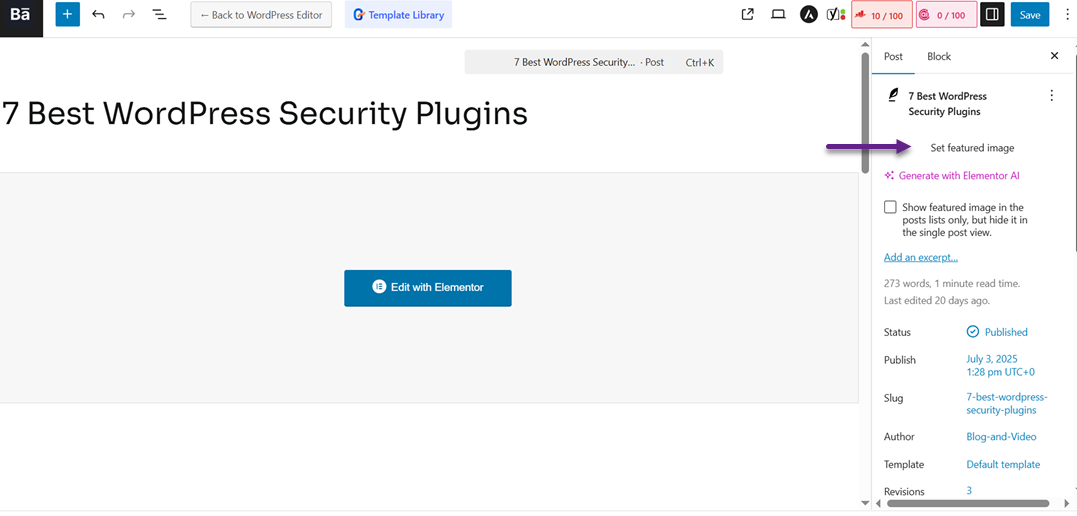 Clique em Definir imagem em destaque - Como adicionar imagens em destaque ou miniaturas de postagens no WordPress