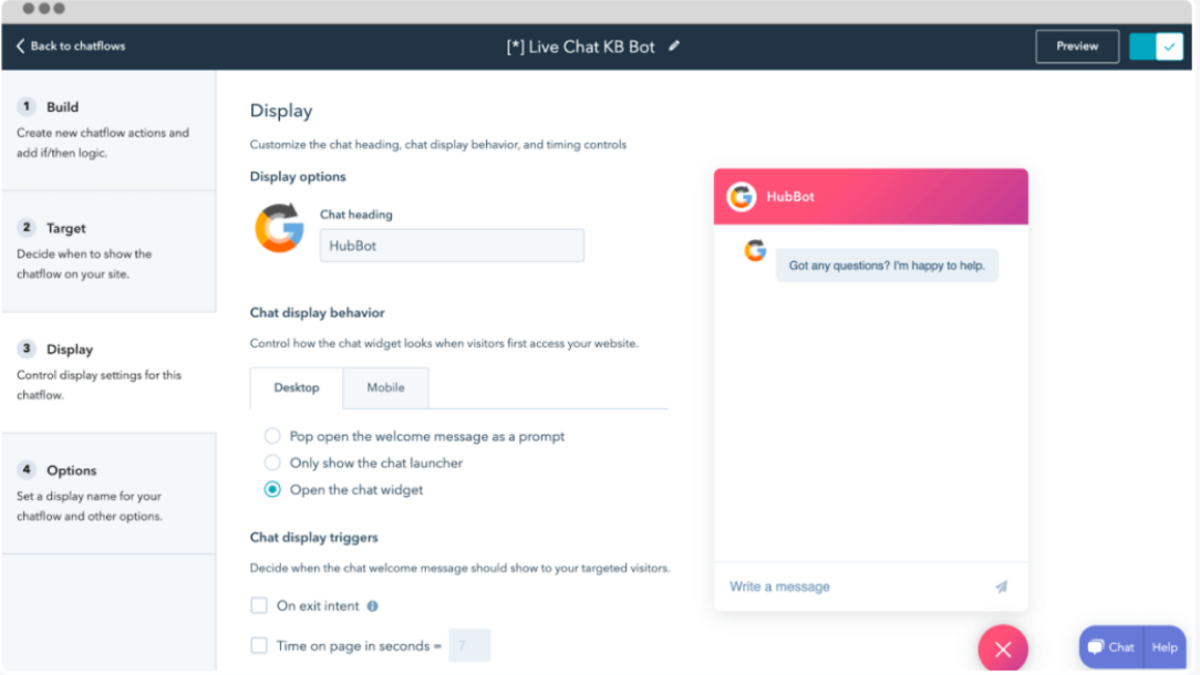 منشئ روبوت الدردشة HubSpot