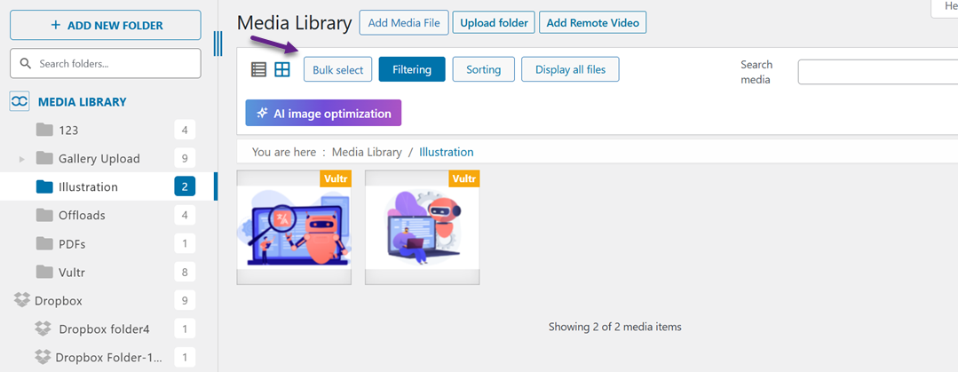 Bilder auswählen – So generieren Sie mit den KI-Tools von WP Media Folderautomatisch Alternativtexte und Titel für Bilder.