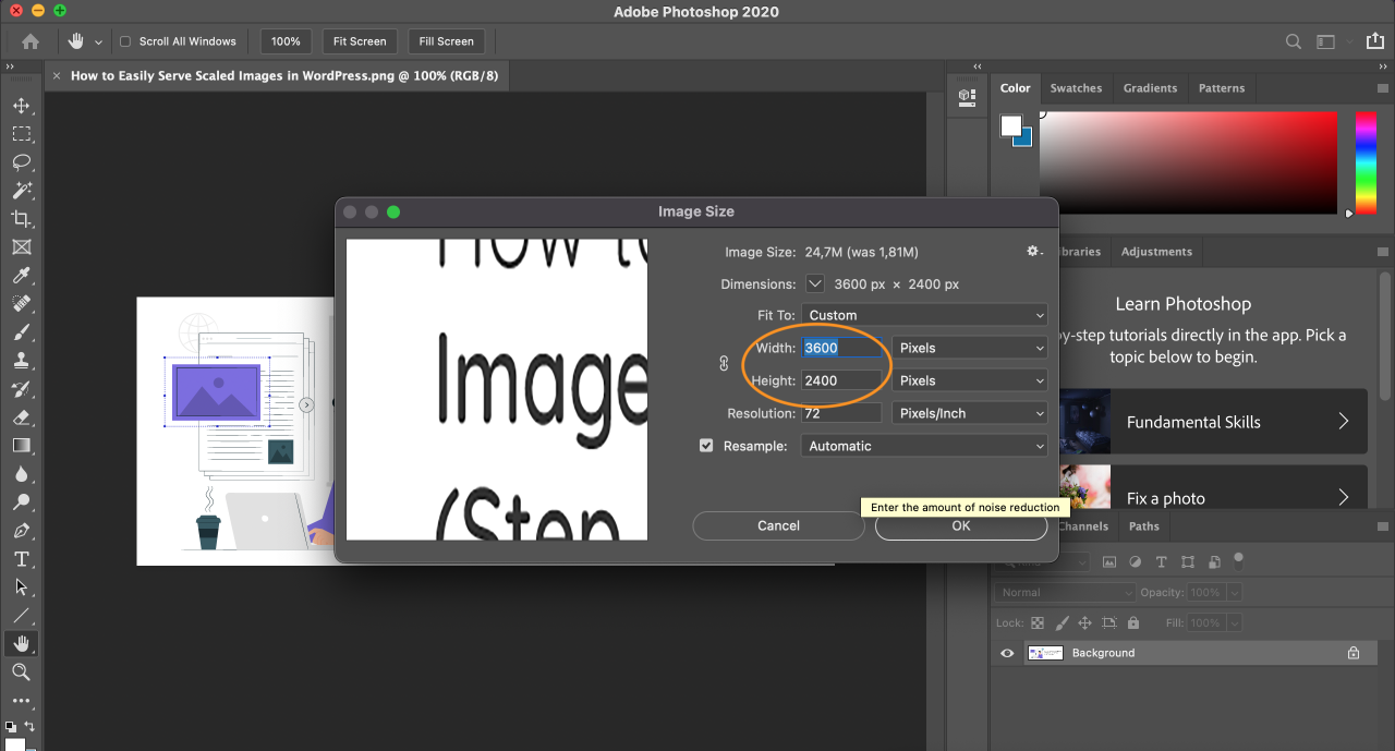 Image size dialog box in photoshop