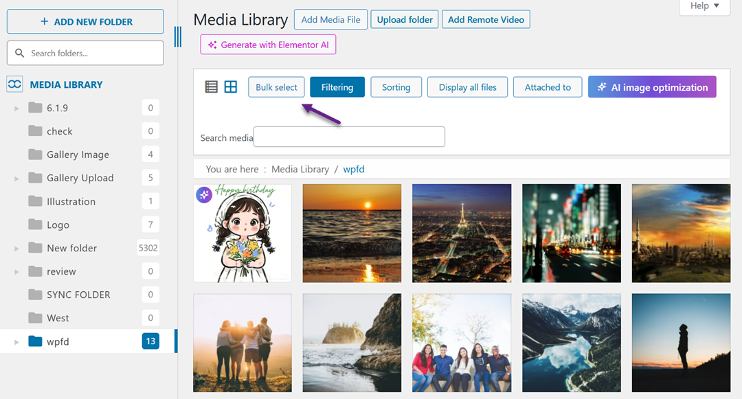 批量选择 - 如何使用 WP Media Folder AI批量处理现有的媒体库（无需手动操作）