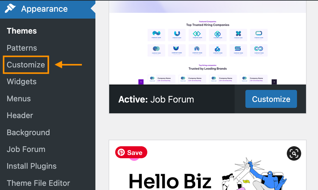 Меню налаштування WordPress