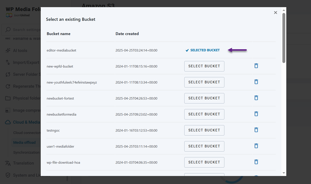 Seleccionar bucket - Cómo conectar Amazon S3 Buckets a WP Media Folder para un almacenamiento en la nube optimizado