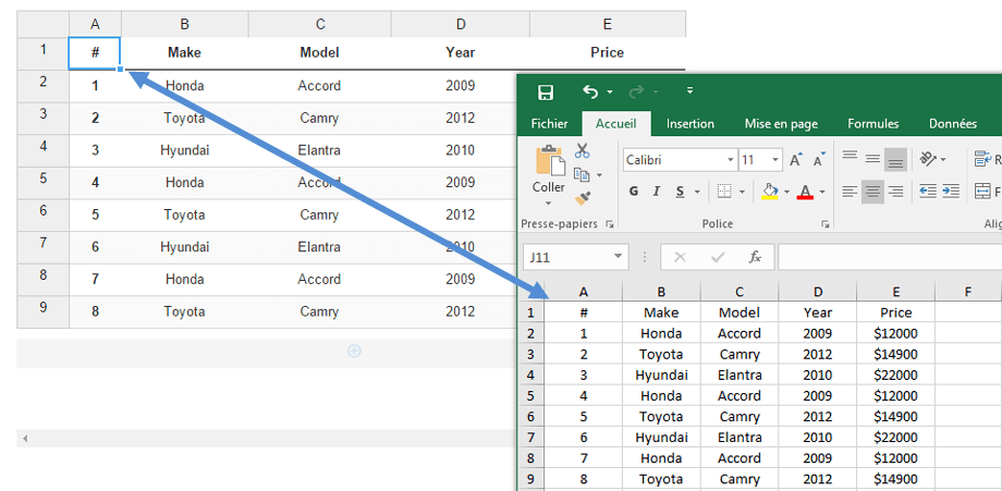 importazione di tabelle Excel