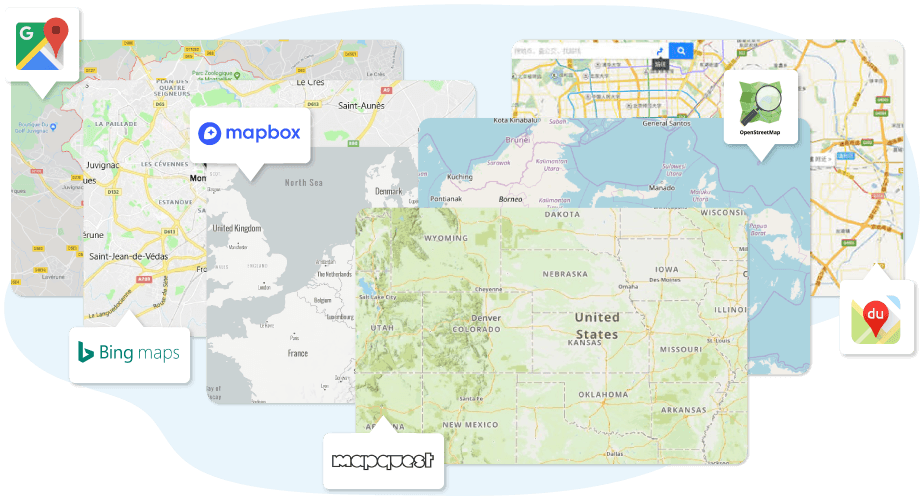 Google Haritalar, Bing Haritalar, Mapbox, OpenStreetMap ve Baidu Haritaları