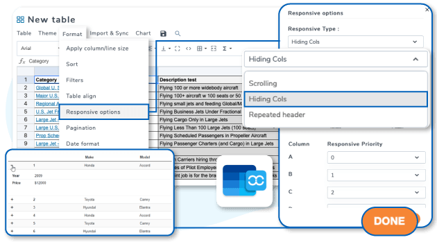 Responsive table using column hiding and display priority