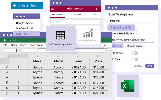 Insérer un tableau basé sur Excel dans Elementor