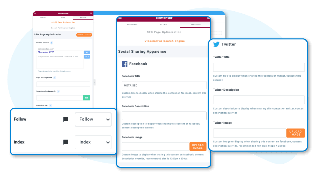 Impostazioni SEO aggiuntive di Elementor: segui, indicizza e social network