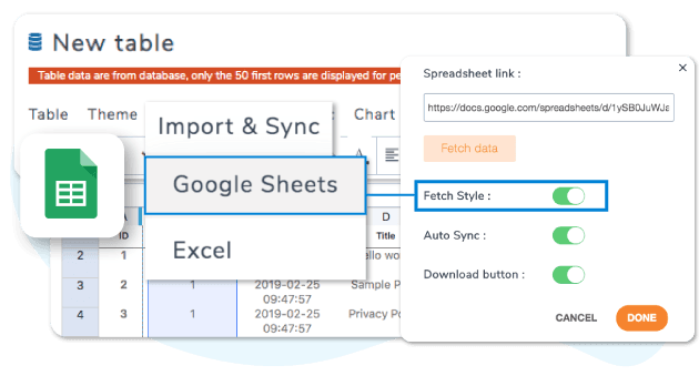 Import Google Sheets data only or content and style