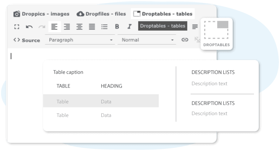 Droppics, Dropfiles: gestione di immagini e file nell&#39;editor
