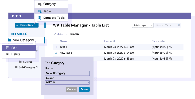 Organize your tables in categories