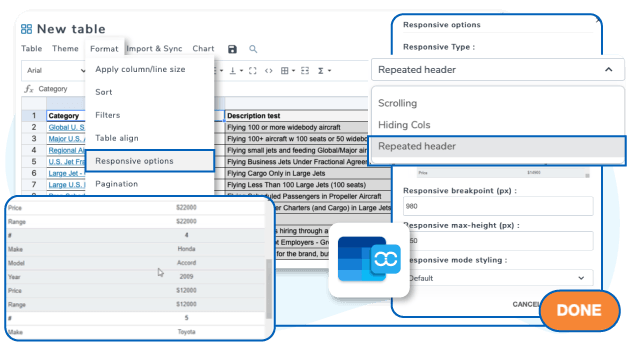 Tabela responsiva usando o modo de grupo de cabeçalho de dados