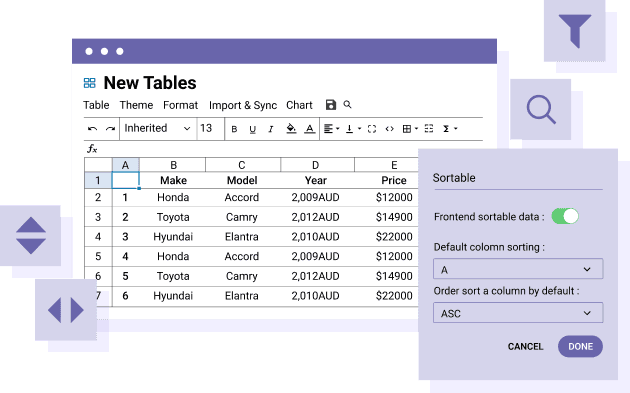 Tabeldatasortering og -filtrering