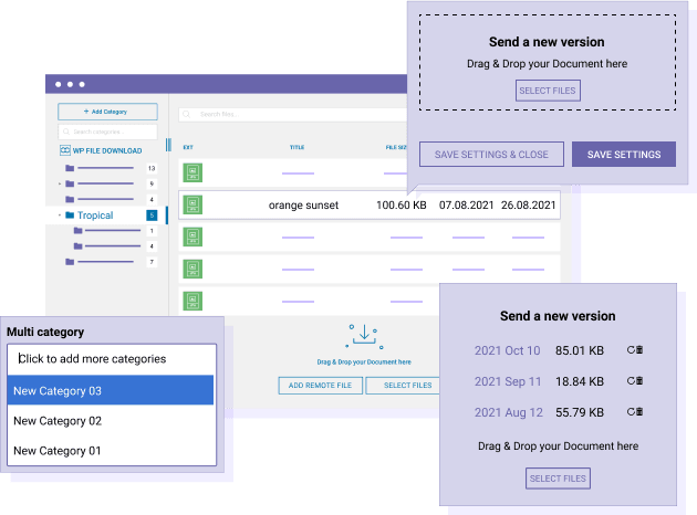 File download update, file versioning, file multicategories