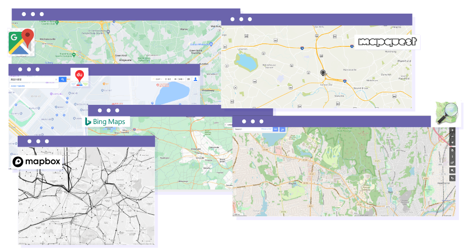 Google Haritalar, Bing Haritalar, Mapbox, OpenStreetMap ve Baidu Haritaları