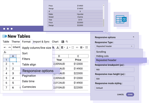 Tabla receptiva usando el modo de grupo de encabezado de datos