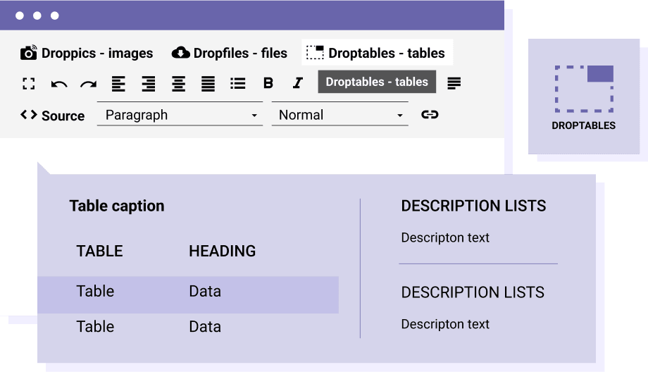 Droptables , Joomla tablo yöneticisi dahil