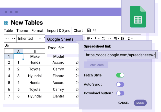 Sincronizza i dati della tabella con un file Excel del server