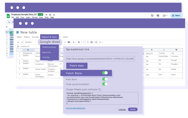 Importer uniquement les données Google Sheets ou le contenu et le style