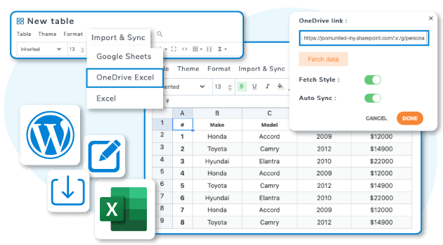 Office 365 Excel tablo içeriğini WordPress&#39;ten içe aktarın ve düzenleyin