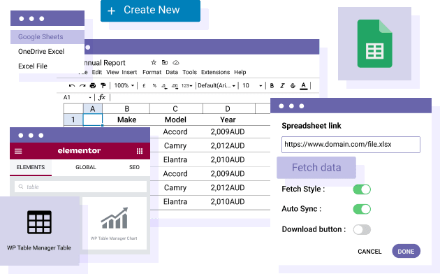 Загрузите таблицу на основе Google Sheets в Elementor