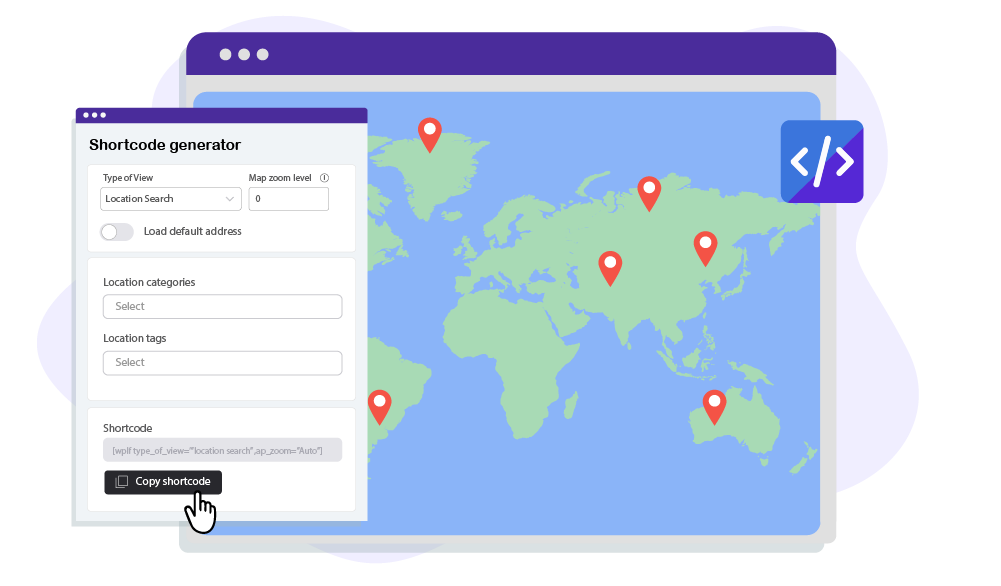 Flexible shortcode generator for locations search, maps and places