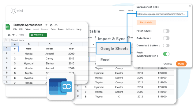 Load a Google Sheets-based table in DIVI Builder