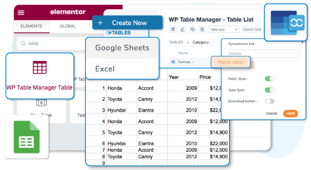 Load a Google Sheets based table in Elementor