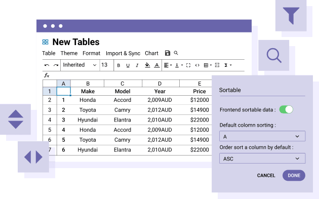 Ordinamento e filtro dei dati della tabella