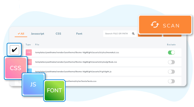 Pindai file CSS, JS, dan Font situs web Anda