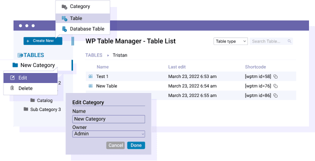 Organiser dine tabeller i kategorier