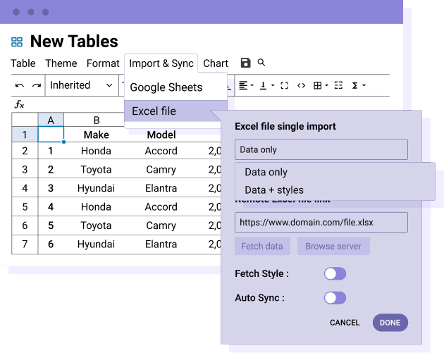Importera endast Excel-data eller innehåll och stil