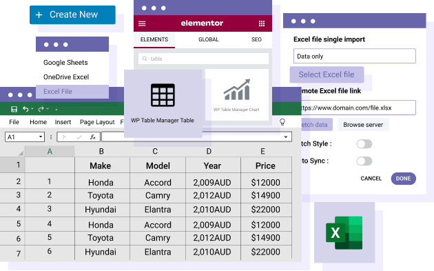 Insertar tabla basada en Excel en Elementor