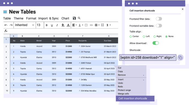 Insert a cell selection in your content